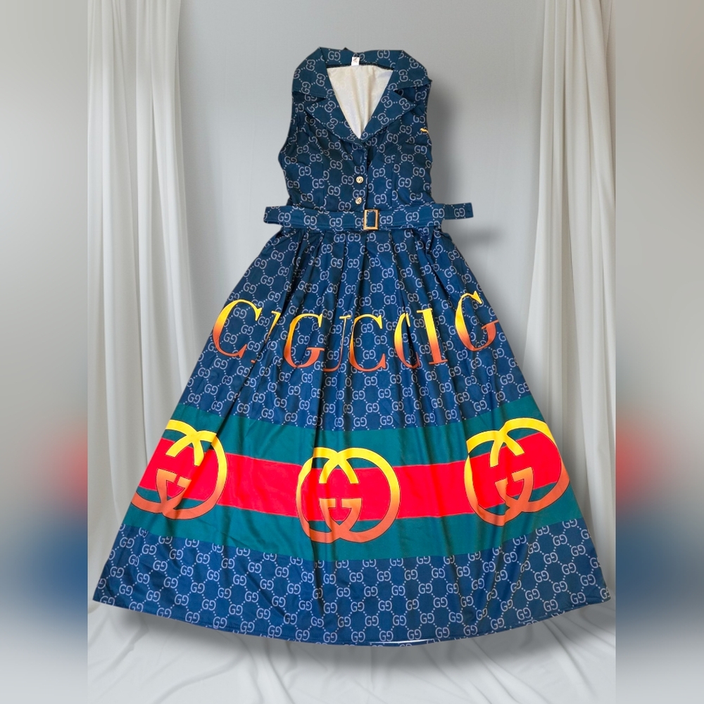 Blue Patterned Maxi Dress with Belt - Picture 8 of 8